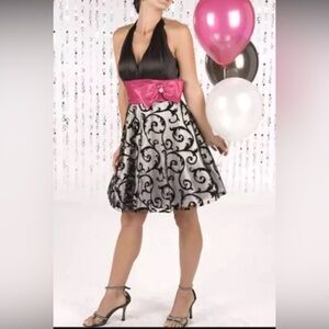 B.Darlin Black Halter Top with Hot Pink Ruched Waist Formal Prom Dress A49